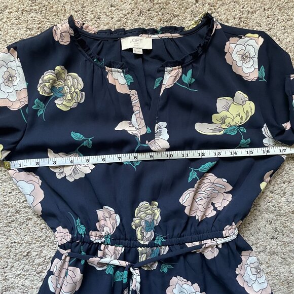 - Loft - Navy Blue A-Line Midi Dress with Light Pink & Yellow Flowers - Picture 7 of 8